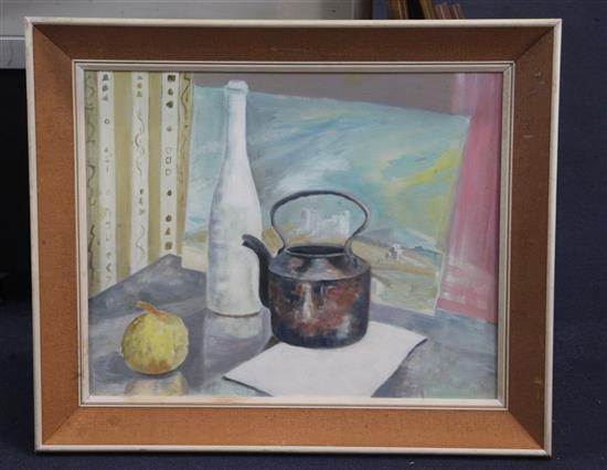 § Duncan Grant (1885-1978) Still life of a kettle, bottle, fruit and a painting 15.5 x 19.5in.